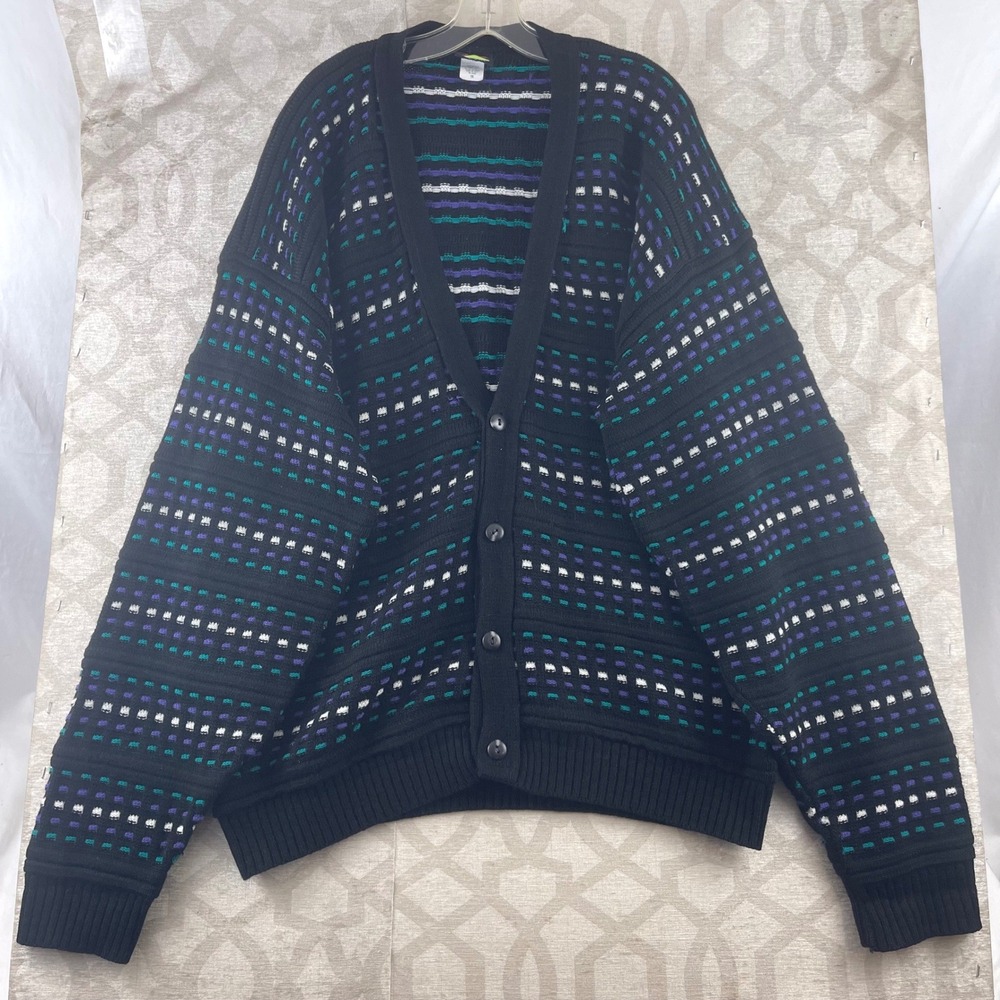 Out of‎ Bounds Mens 1X Black Geometric Pattern Button Front Cardigan Sweater